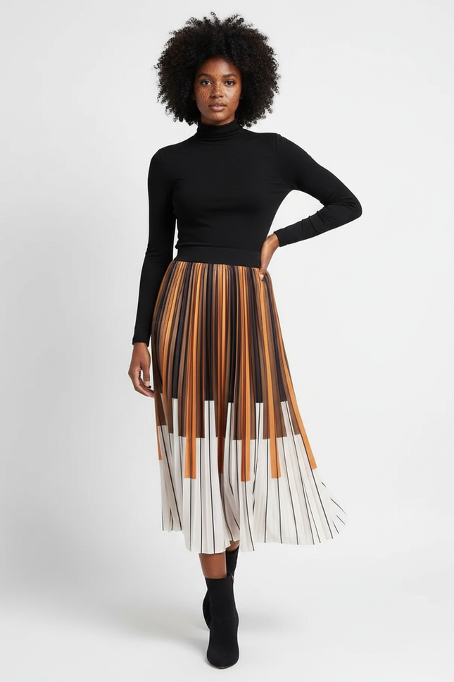 Jupe Longue Plissée Motif Piano Élégante