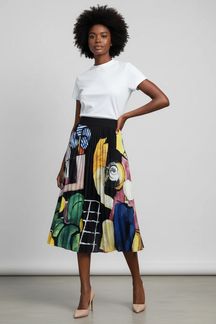 Jupe Longue Plissée Imprimé Abstrait Fluide