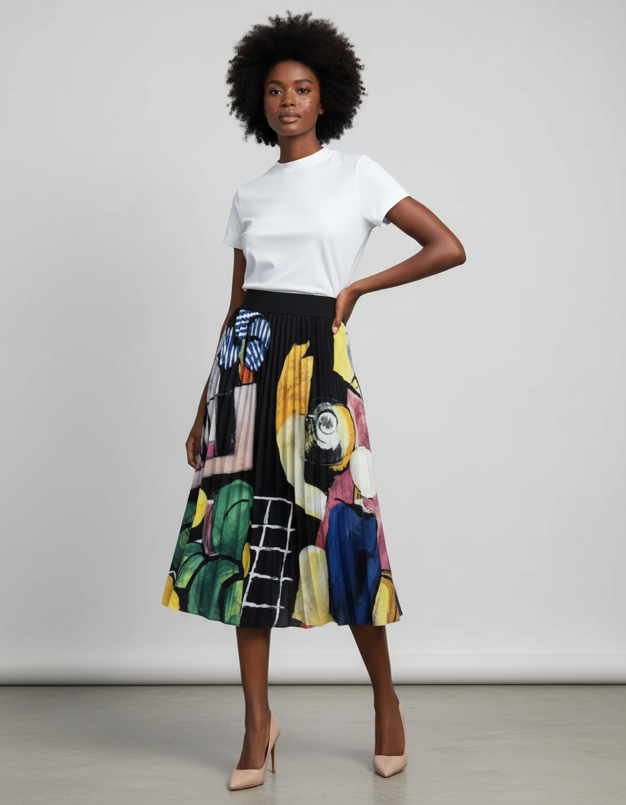 Jupe Longue Plissée Imprimé Abstrait Fluide