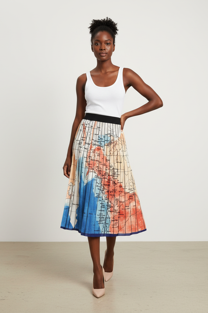 Jupe Longue Plissée Imprimé Carte Chic