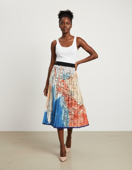 Jupe Longue Plissée Imprimé Carte Chic