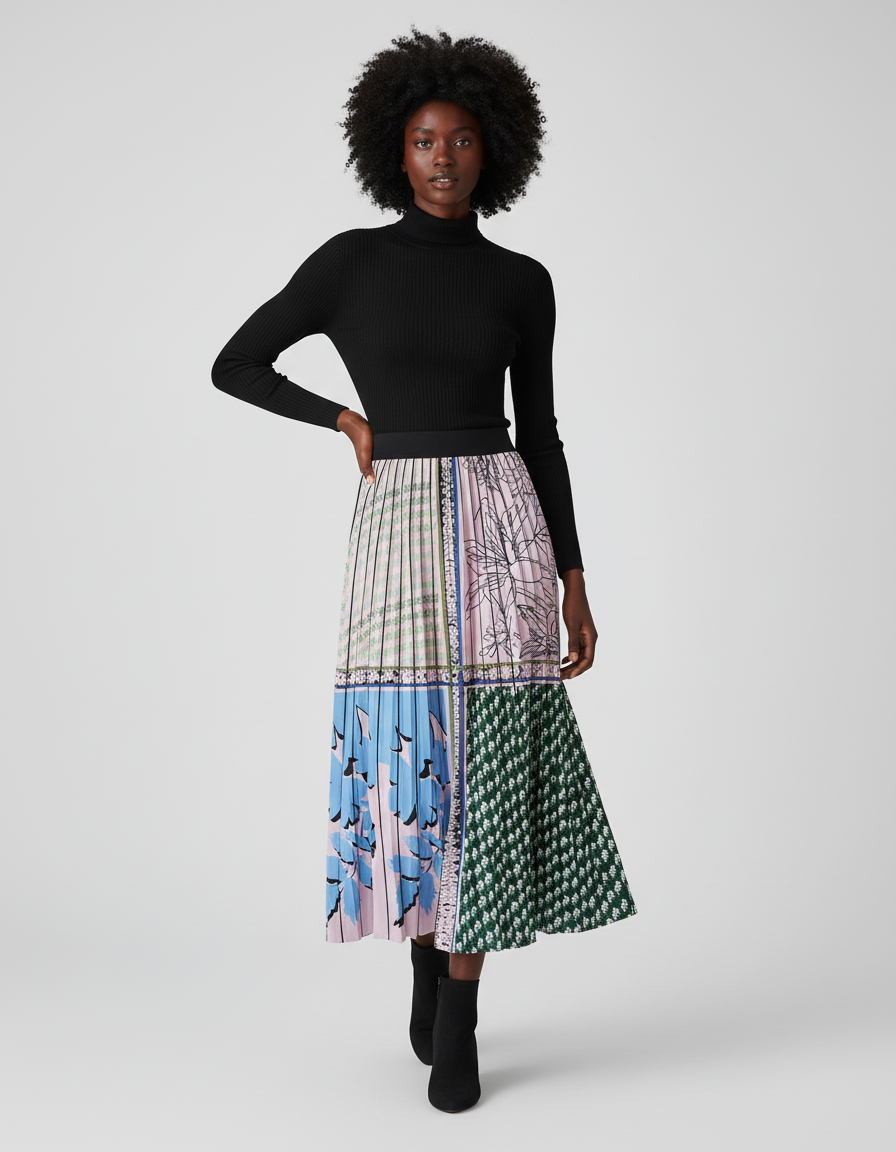 Jupe Longue Plissée Motifs Chic
