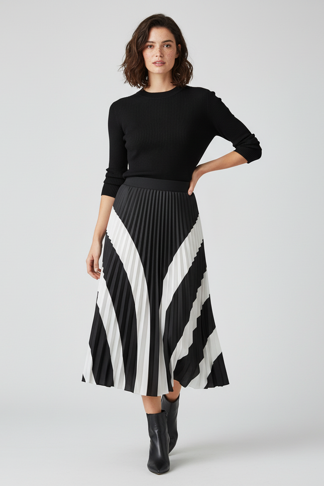 Jupe Longue Noire Et Blanche Plissée Chic