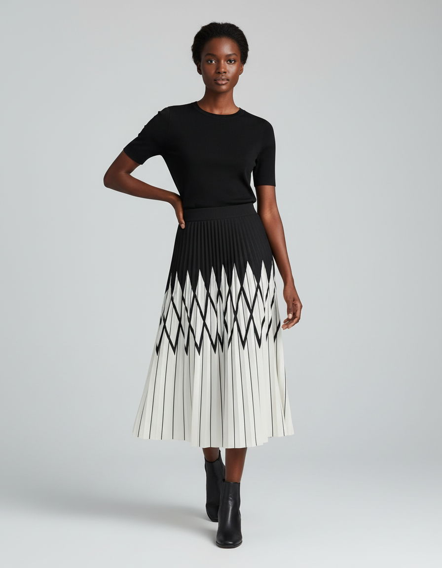 Jupe Longue Plissée Noir Et Blanc Chic