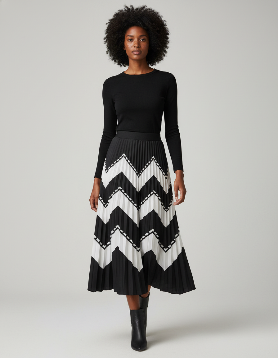 Jupe Longue Plissée Chevron Élégante