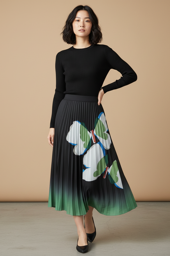 Jupe Longue Plissée Dégradé Vert Fluide