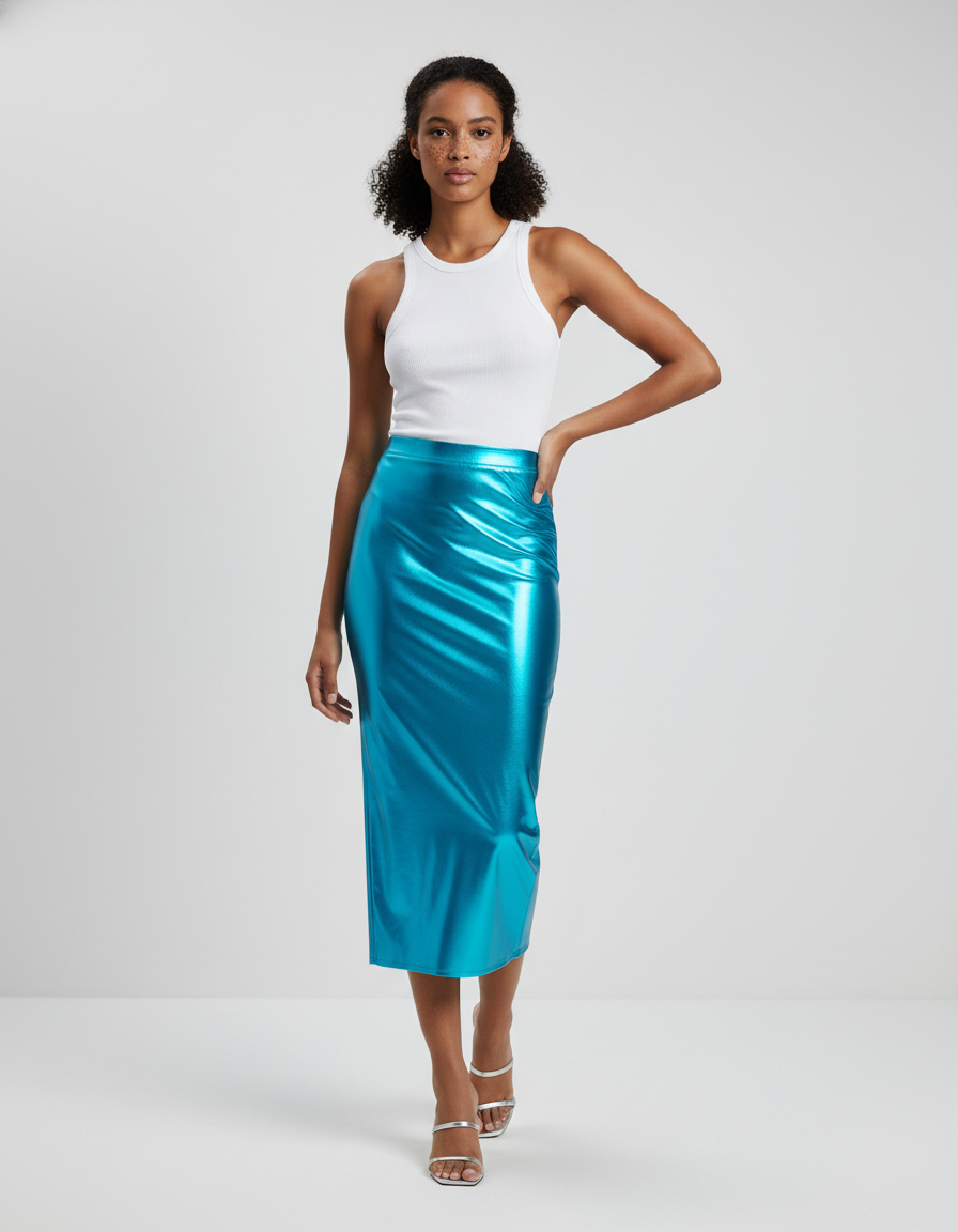 Jupe Longue Bleu Brillant Satinée Chic