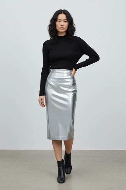 Jupe Longue Argentée Brillante Moulante