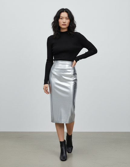 Jupe Longue Argentée Brillante Moulante
