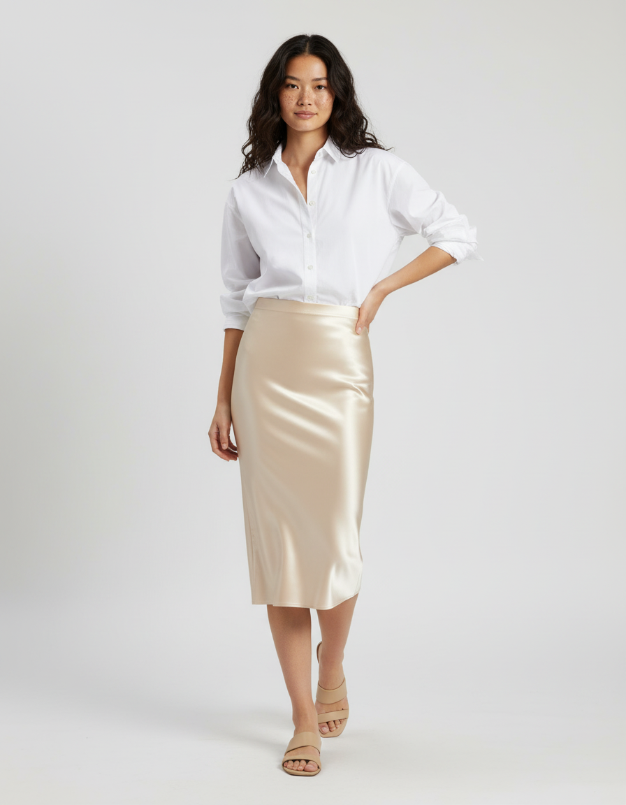 Jupe Longue Satin Champagne Élégante Femme
