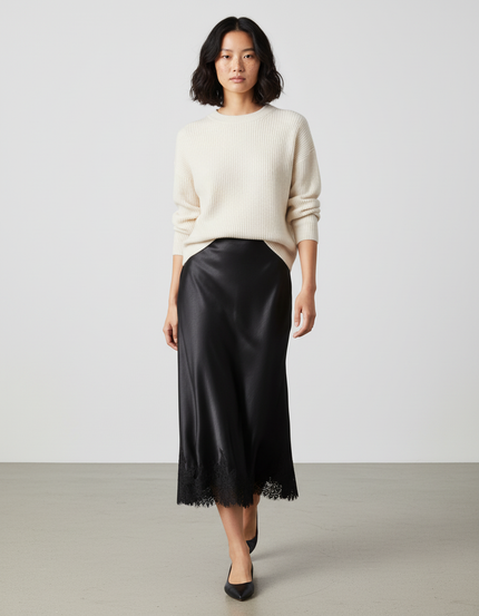 Jupe Longue Satin Noire Dentelle Élégante