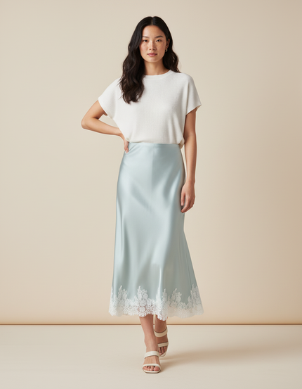 Jupe Longue Satin Dentelle Élégante Soirée