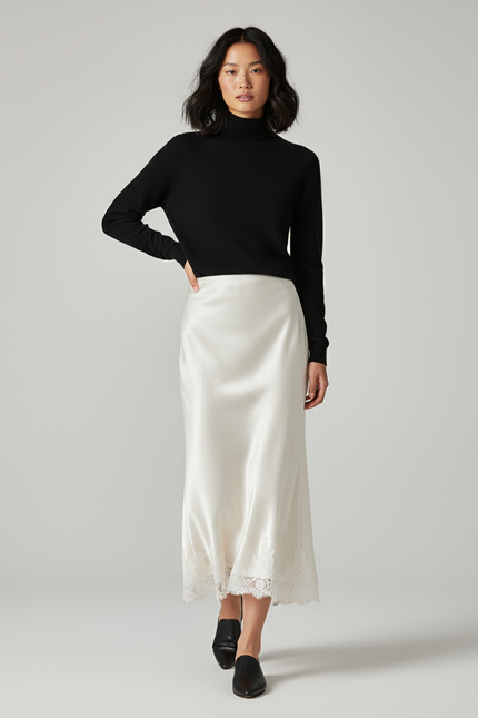 Jupe Longue Satin Dentelle Élégante Mode