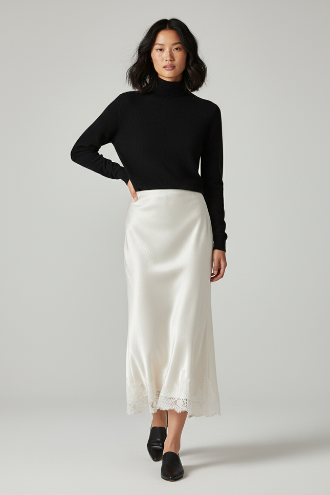 Jupe Longue Satin Dentelle Élégante Mode