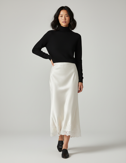 Jupe Longue Satin Dentelle Élégante Mode