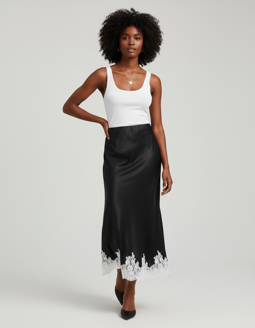 Jupe Longue Noire Satin Dentelle Élégante