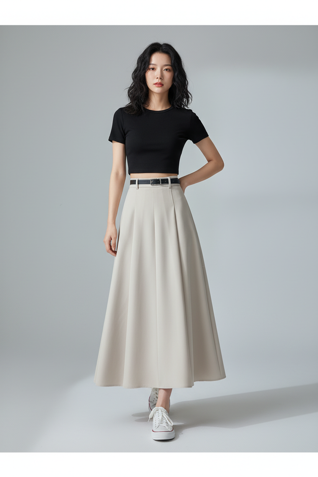 Jupe Longue Beige Plissée Chic