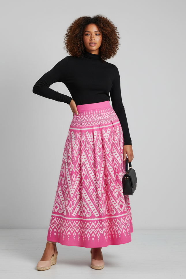 Jupe Longue Rose Imprimée Ikat Élégante