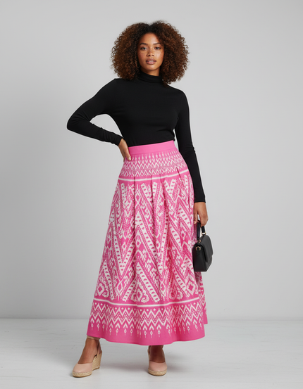 Jupe Longue Rose Imprimée Ikat Élégante
