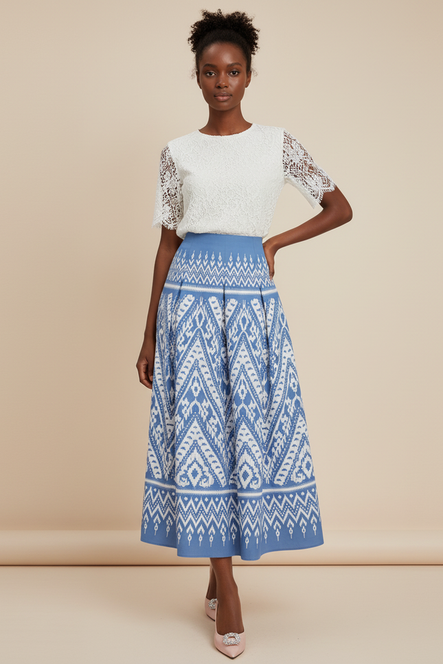 Jupe Longue Plissée Motif Ikat Élégante
