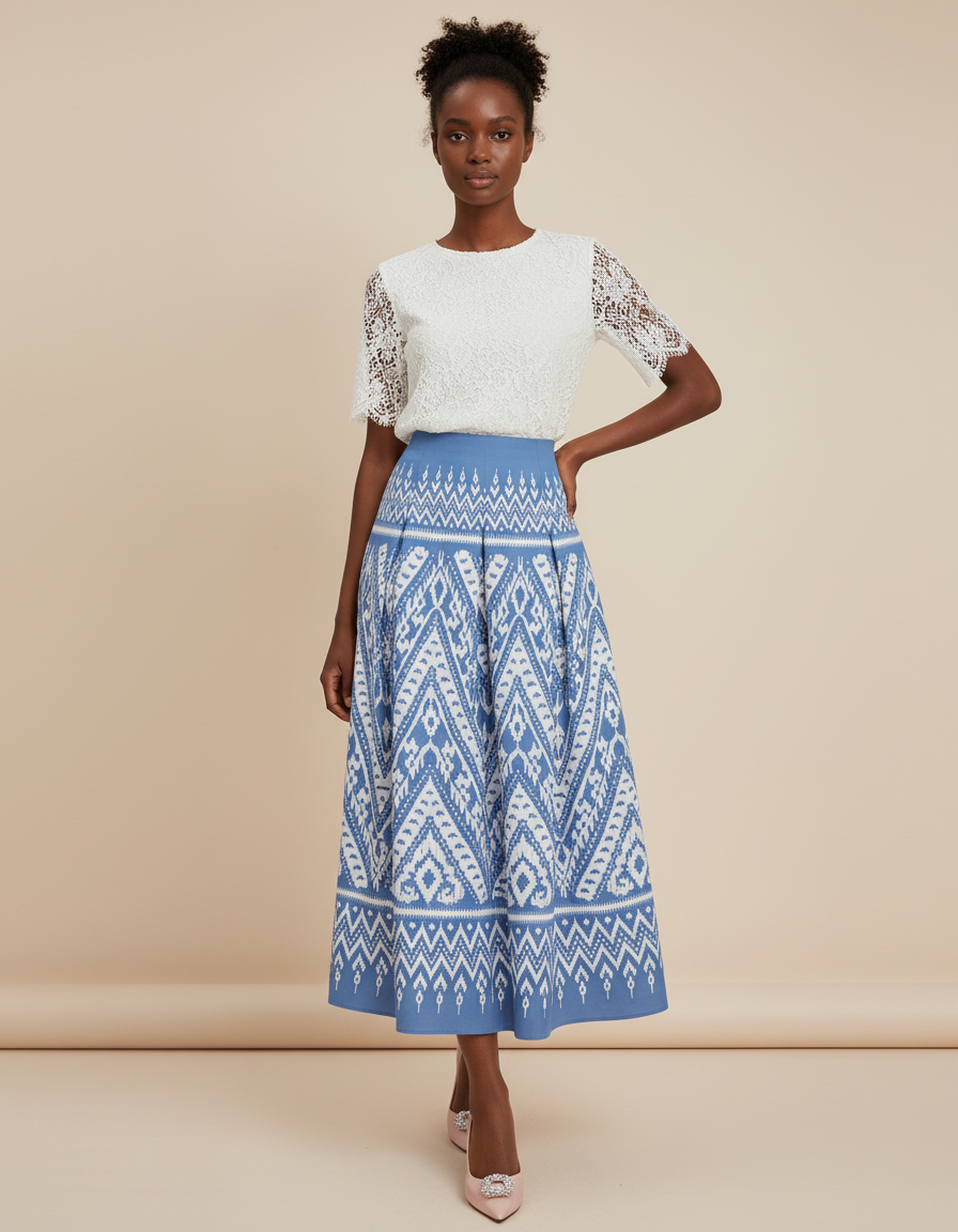 Jupe Longue Plissée Motif Ikat Élégante