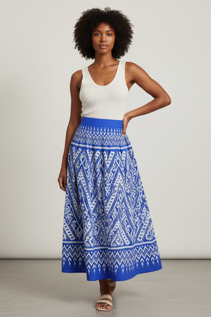 Jupe Longue Plissée Bleue Motif Ikat