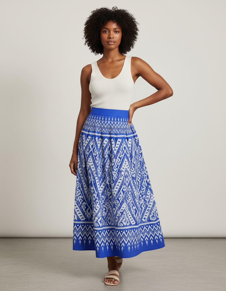 Jupe Longue Plissée Bleue Motif Ikat