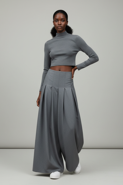 Jupe Longue Grise Plissée Élégante Tendance