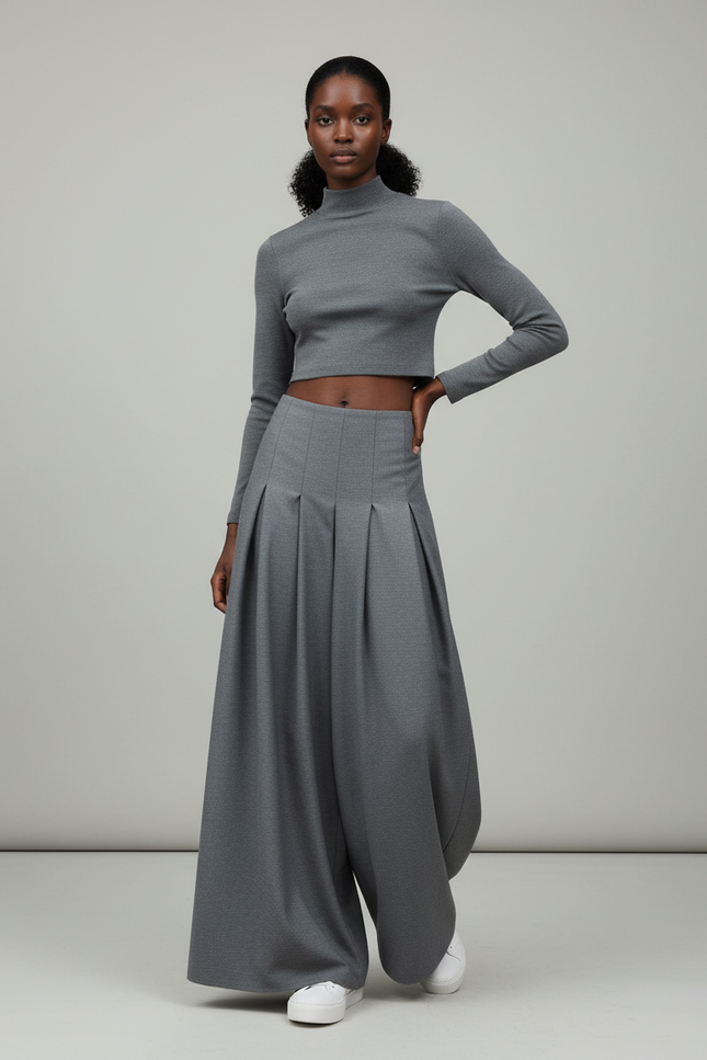 Jupe Longue Grise Plissée Élégante Tendance