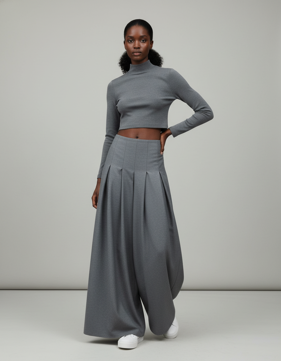Jupe Longue Grise Plissée Élégante Tendance