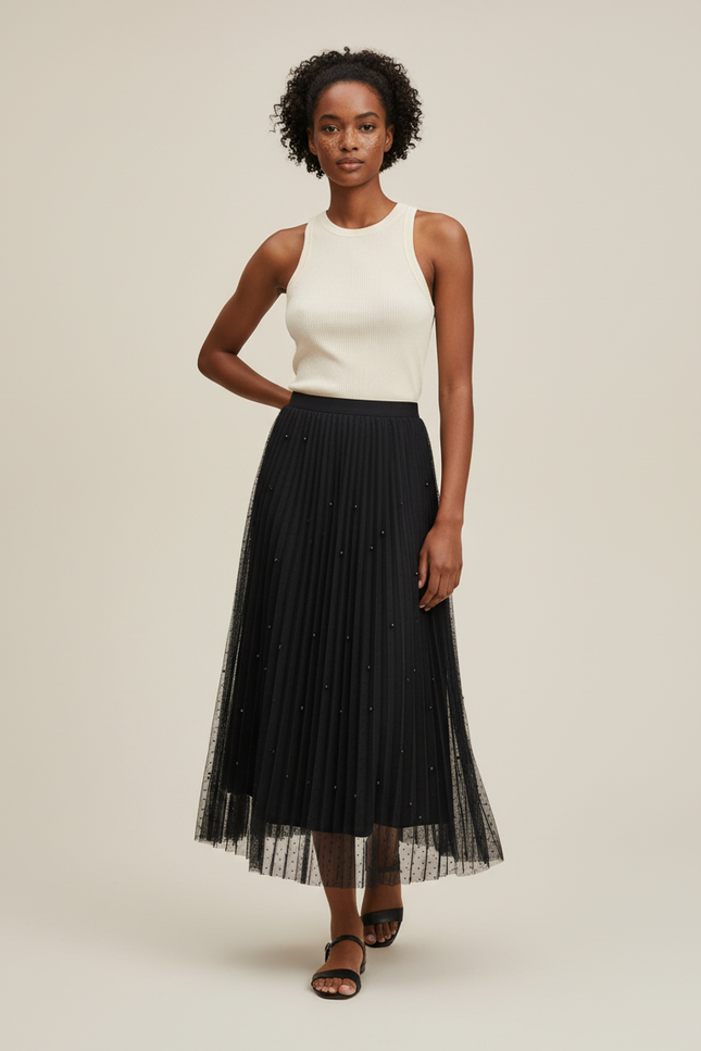 Jupe Longue Noire Plissée Perlée Élégante