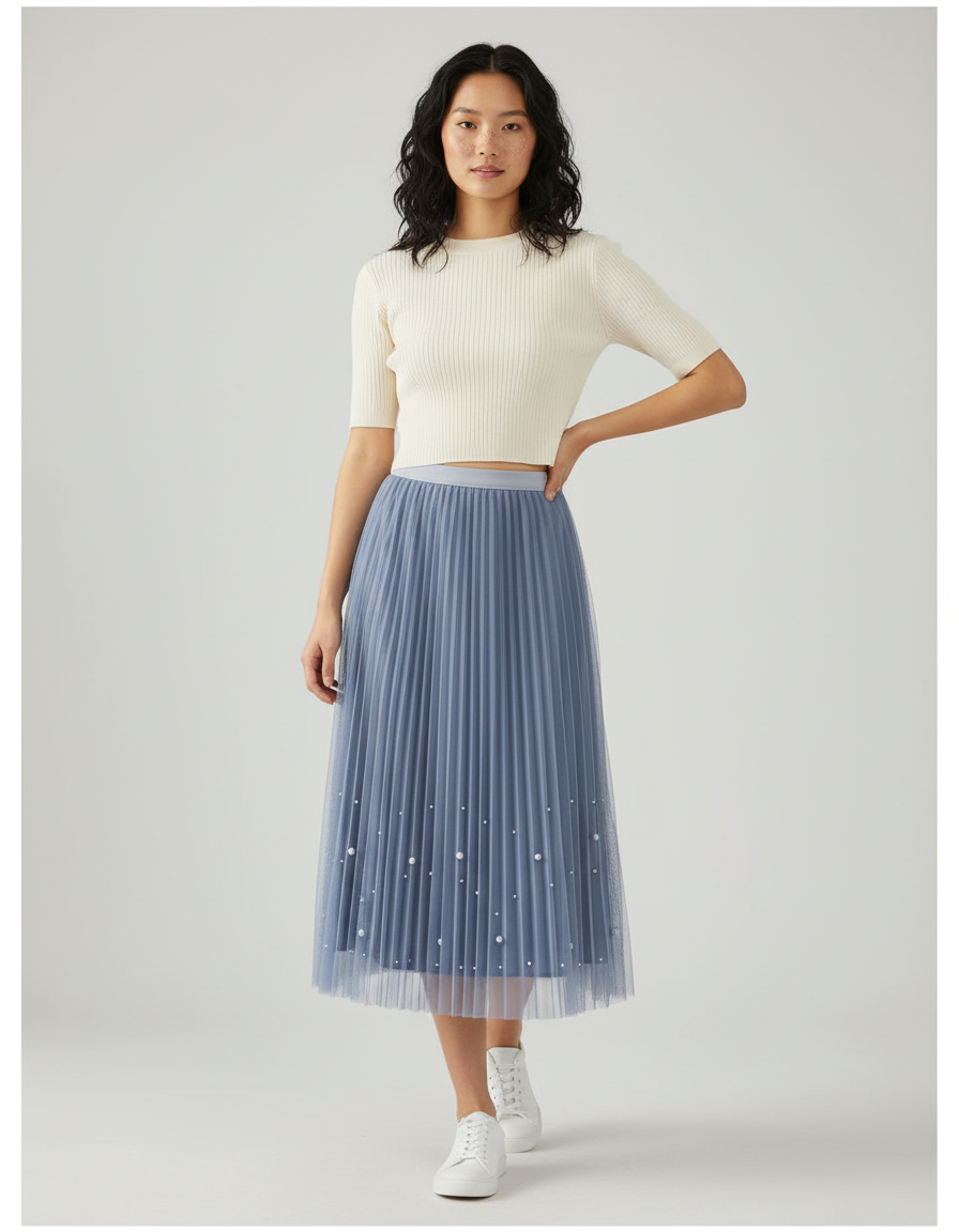 Jupe Longue Bleue Plissée Chic