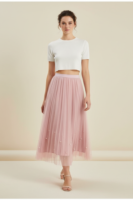 Jupe Longue Rose Perles Élégante