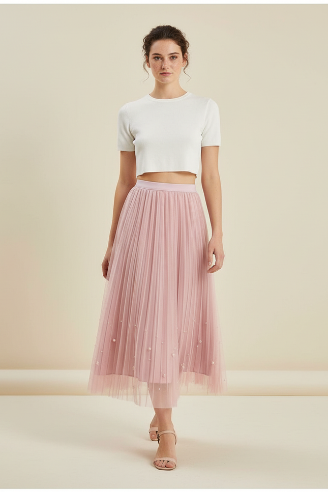 Jupe Longue Rose Perles Élégante