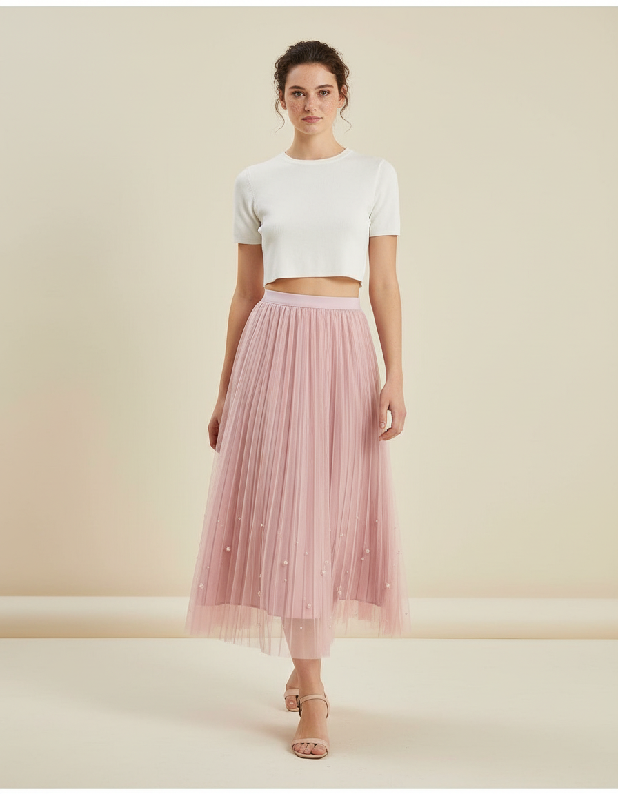 Jupe Longue Rose Perles Élégante