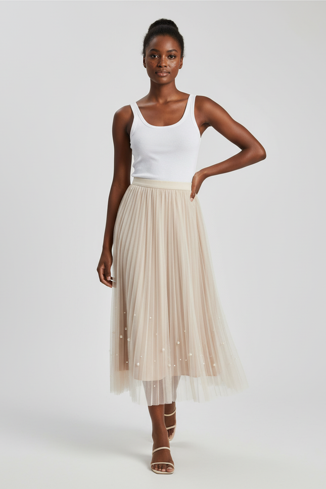 Jupe Longue Plissée Perles Élégante Chic