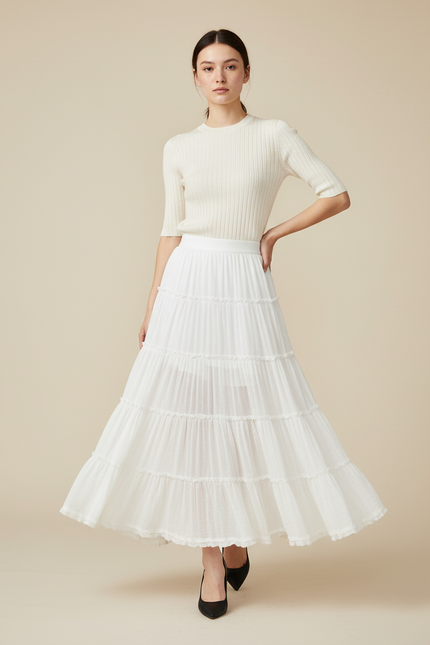 Jupe Longue Blanche À Volants Fluide Femme