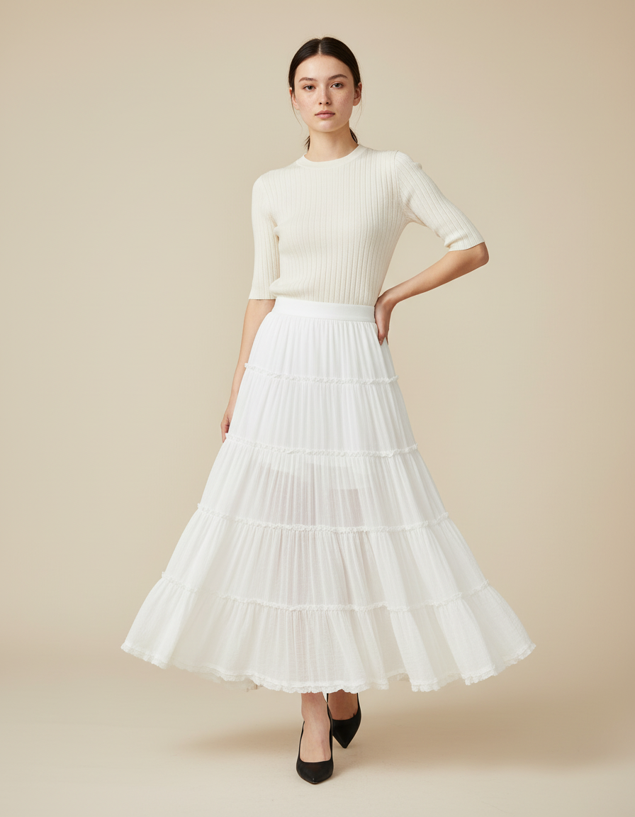 Jupe Longue Blanche À Volants Fluide Femme