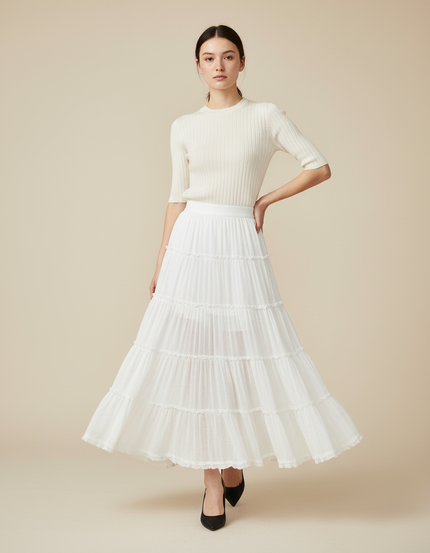 Jupe Longue Blanche À Volants Fluide Femme
