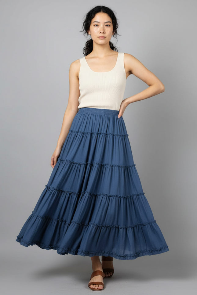 Jupe Longue Bleue À Volants Fluide