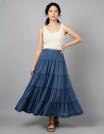 Jupe Longue Bleue À Volants Fluide