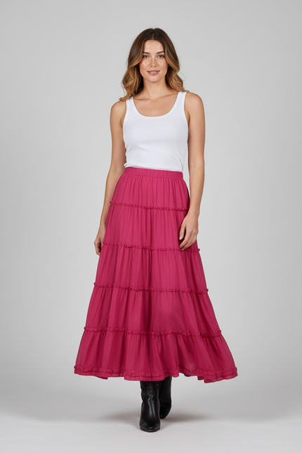 Jupe Longue Rose Fuchsia Volants Fluide