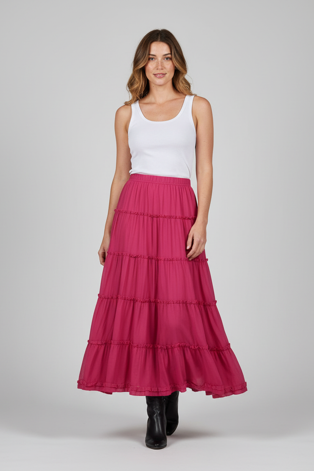 Jupe Longue Rose Fuchsia Volants Fluide