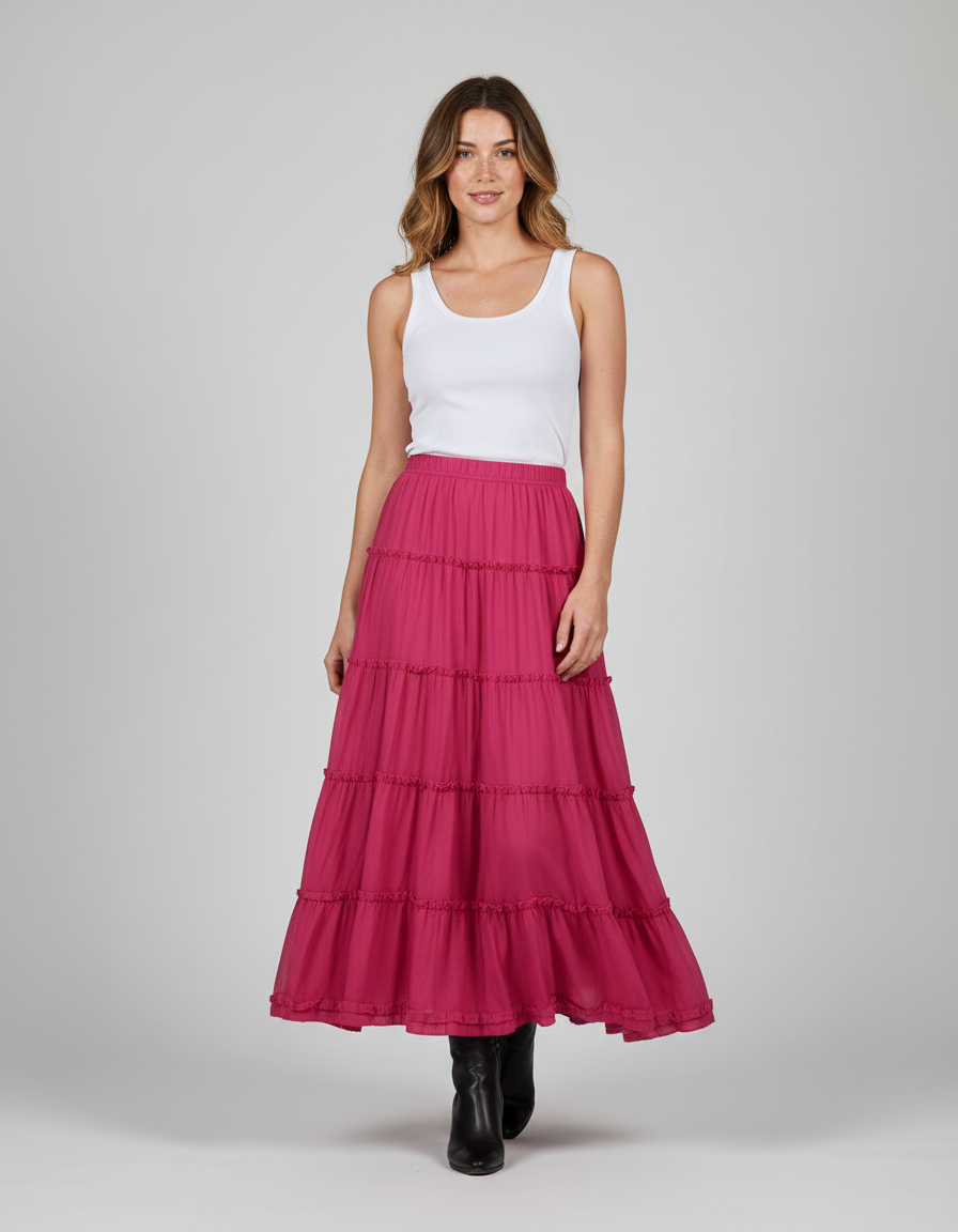 Jupe Longue Rose Fuchsia Volants Fluide