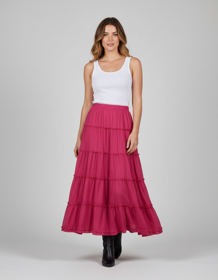 Jupe Longue Rose Fuchsia Volants Fluide