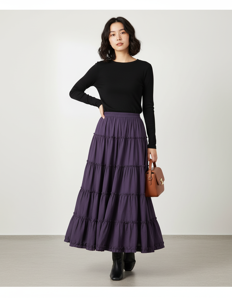 Jupe Longue Violette À Volants Fluide