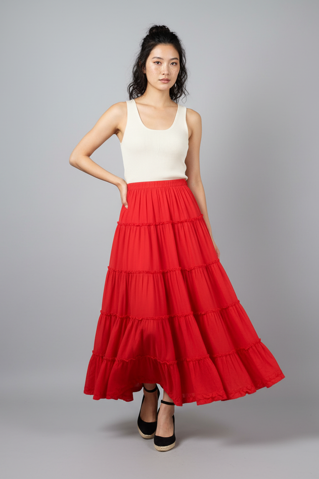 Jupe Longue Rouge À Volants Fluide