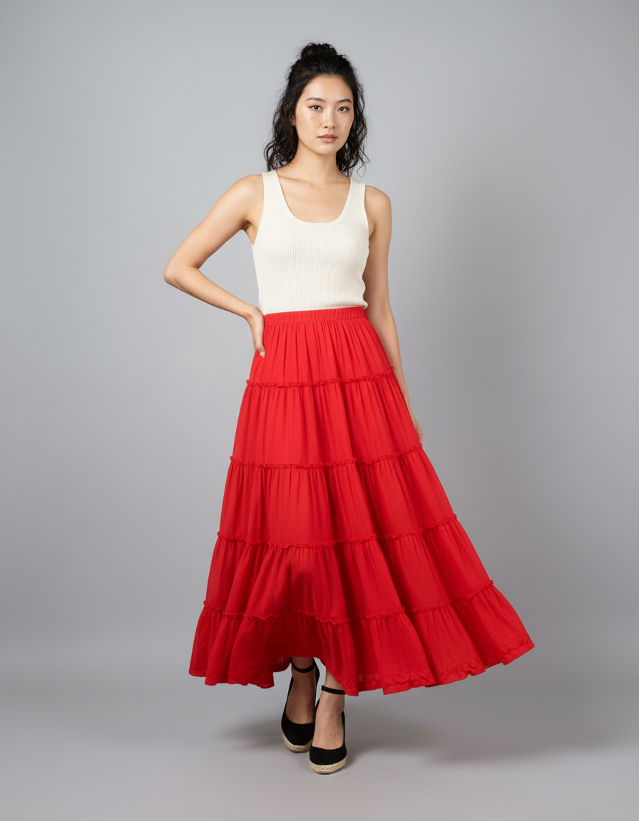 Jupe Longue Rouge À Volants Fluide