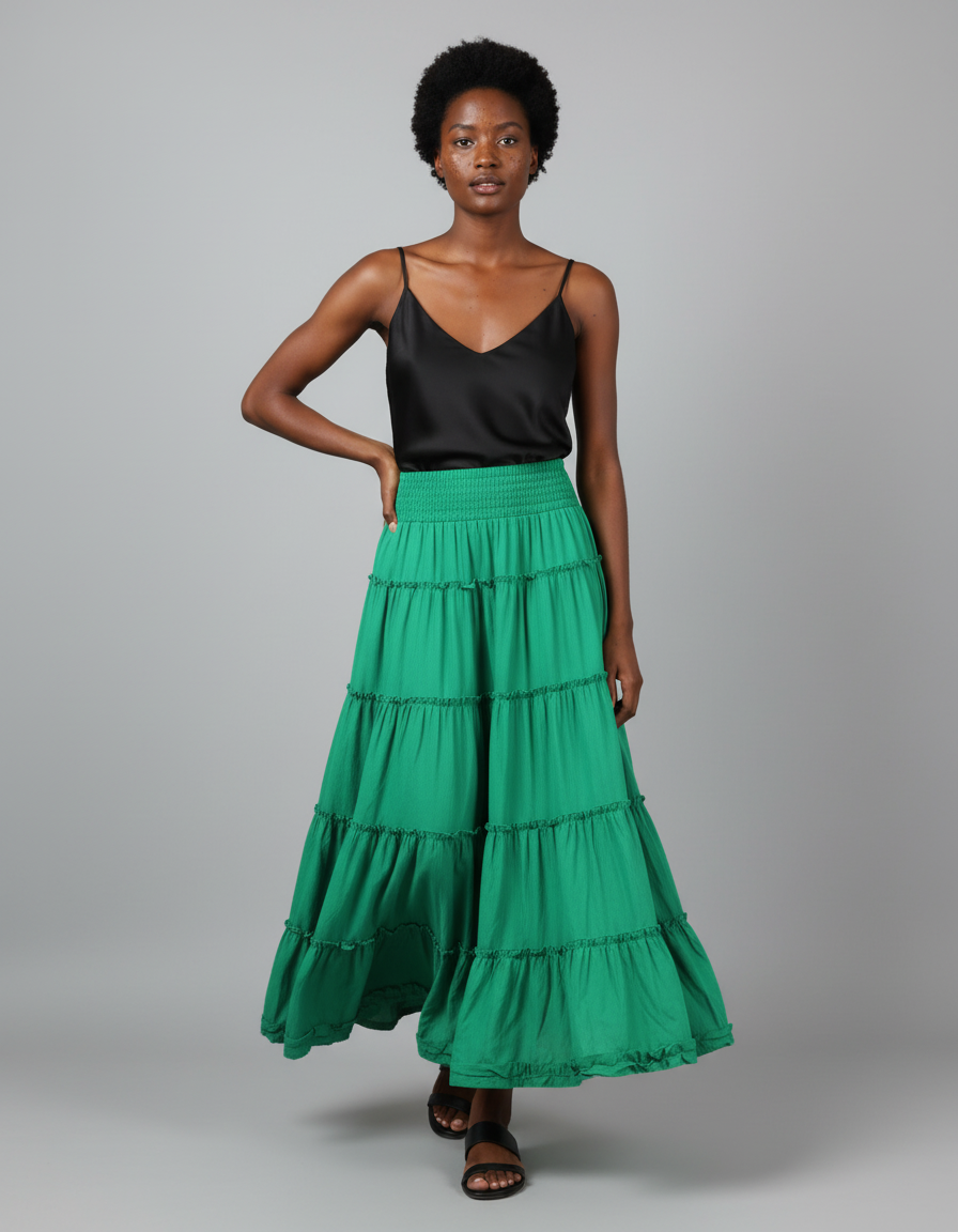 Jupe Longue Verte À Volants Bohème