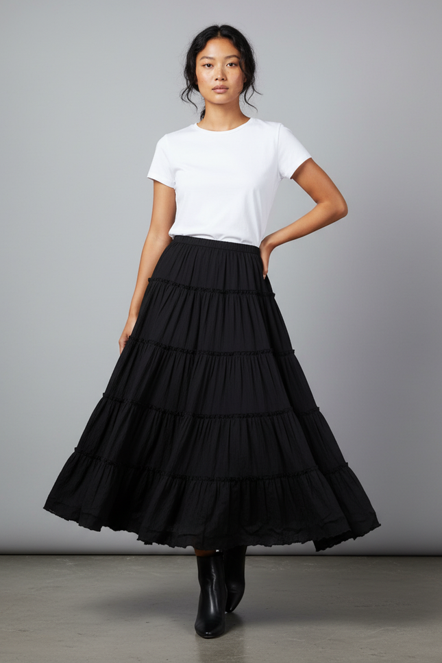 Jupe Longue Noire Fluide Volants